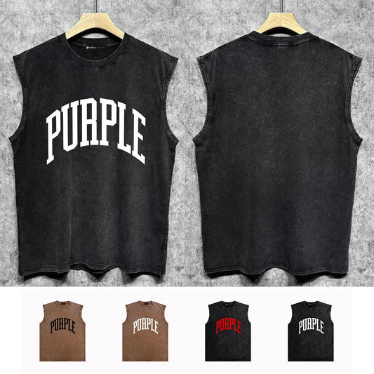 PURPLE-Purple Make Old Sleeveless T-Shirt ZJBPUR079#